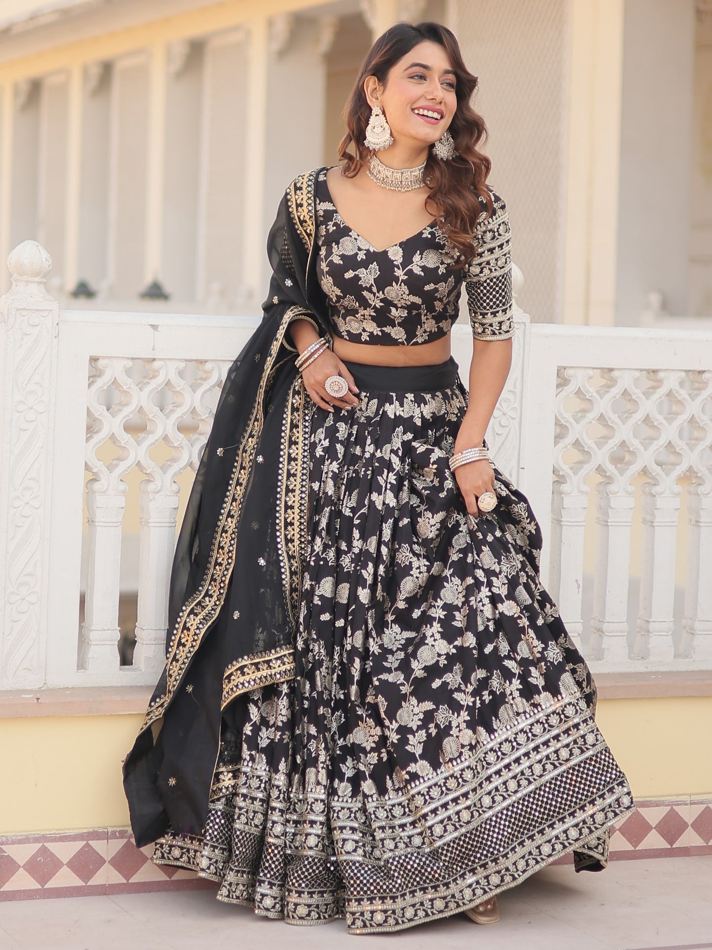 Fantastic Black Zari Work Jacquard Reception Lehenga Choli