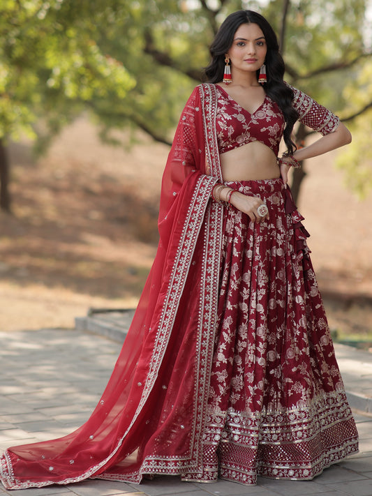 Attractive Maroon Embroidered Jacquard Wedding Lehenga Choli