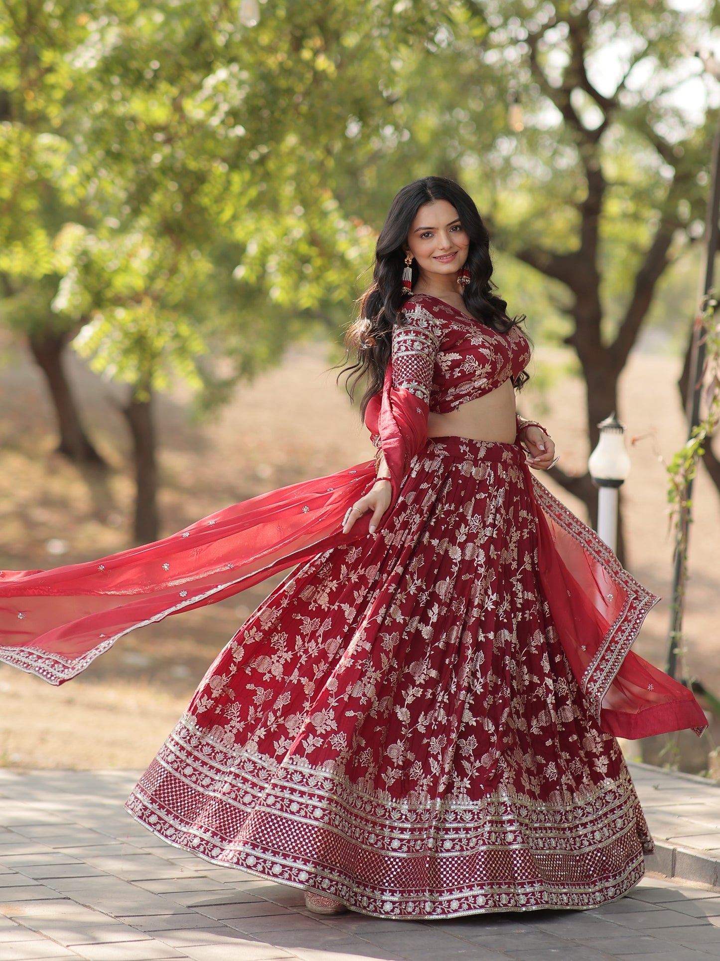 Attractive Maroon Embroidered Jacquard Wedding Lehenga Choli
