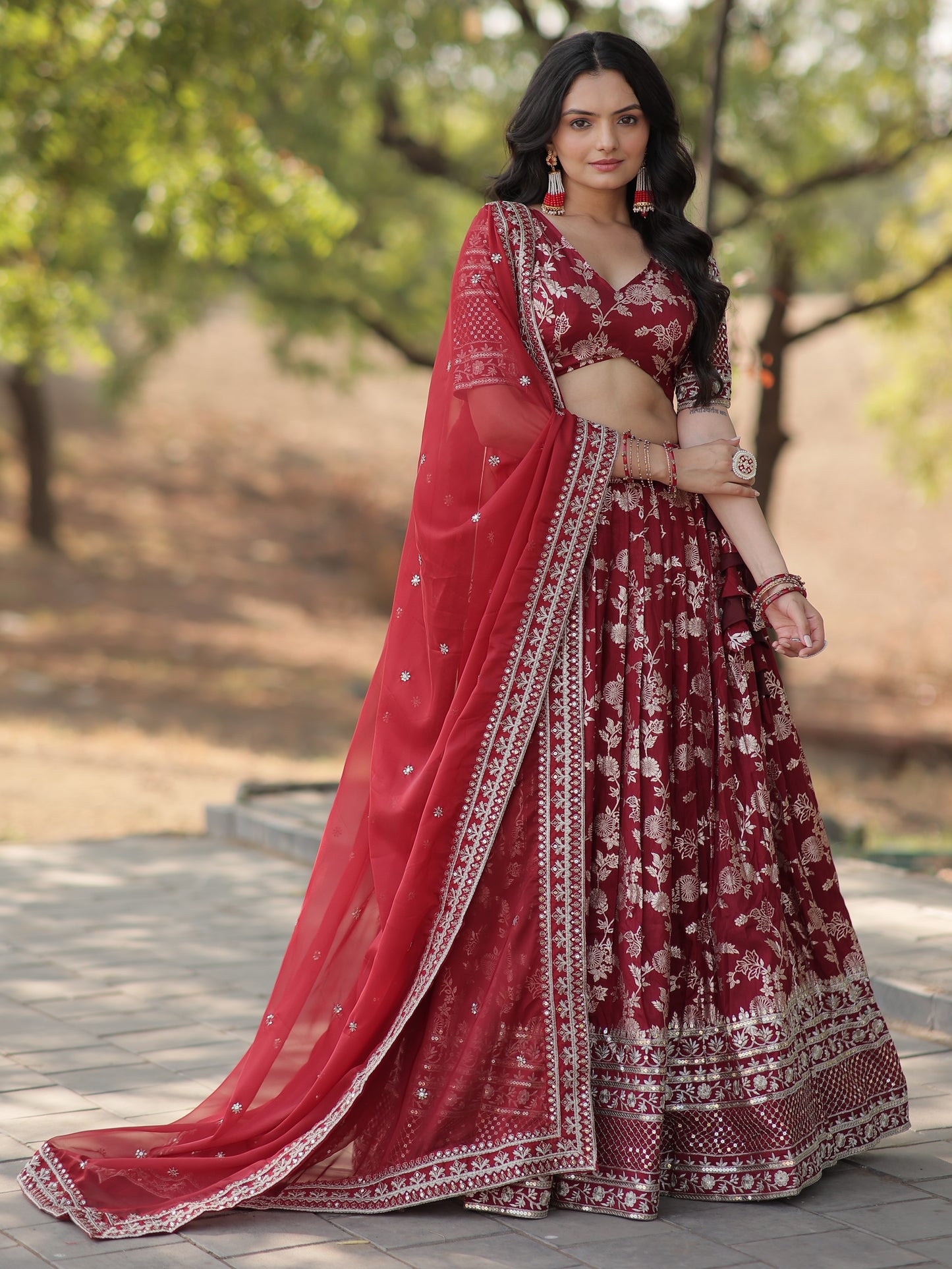 Attractive Maroon Embroidered Jacquard Wedding Lehenga Choli