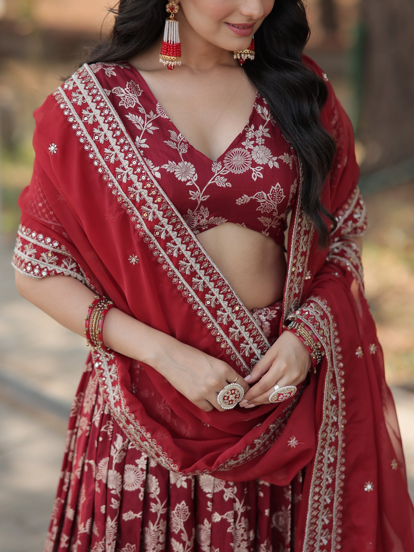 Attractive Maroon Embroidered Jacquard Wedding Lehenga Choli
