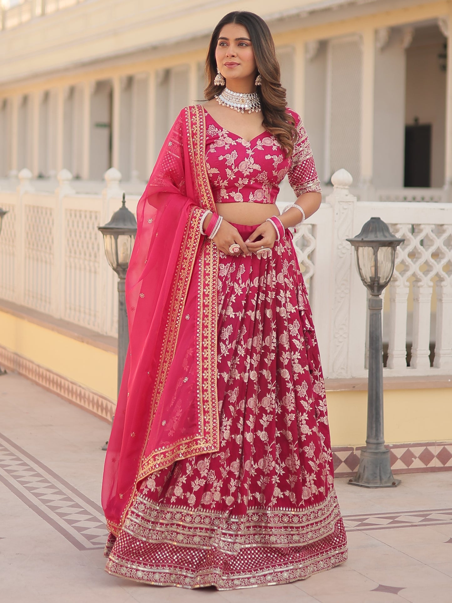 Lavishing Pink Embroidered Jacquard Engagement Lehenga Choli