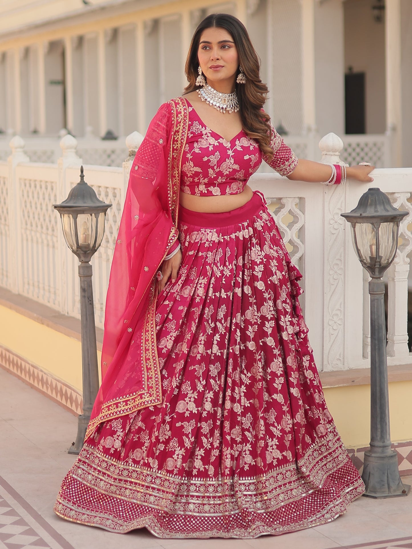 Lavishing Pink Embroidered Jacquard Engagement Lehenga Choli