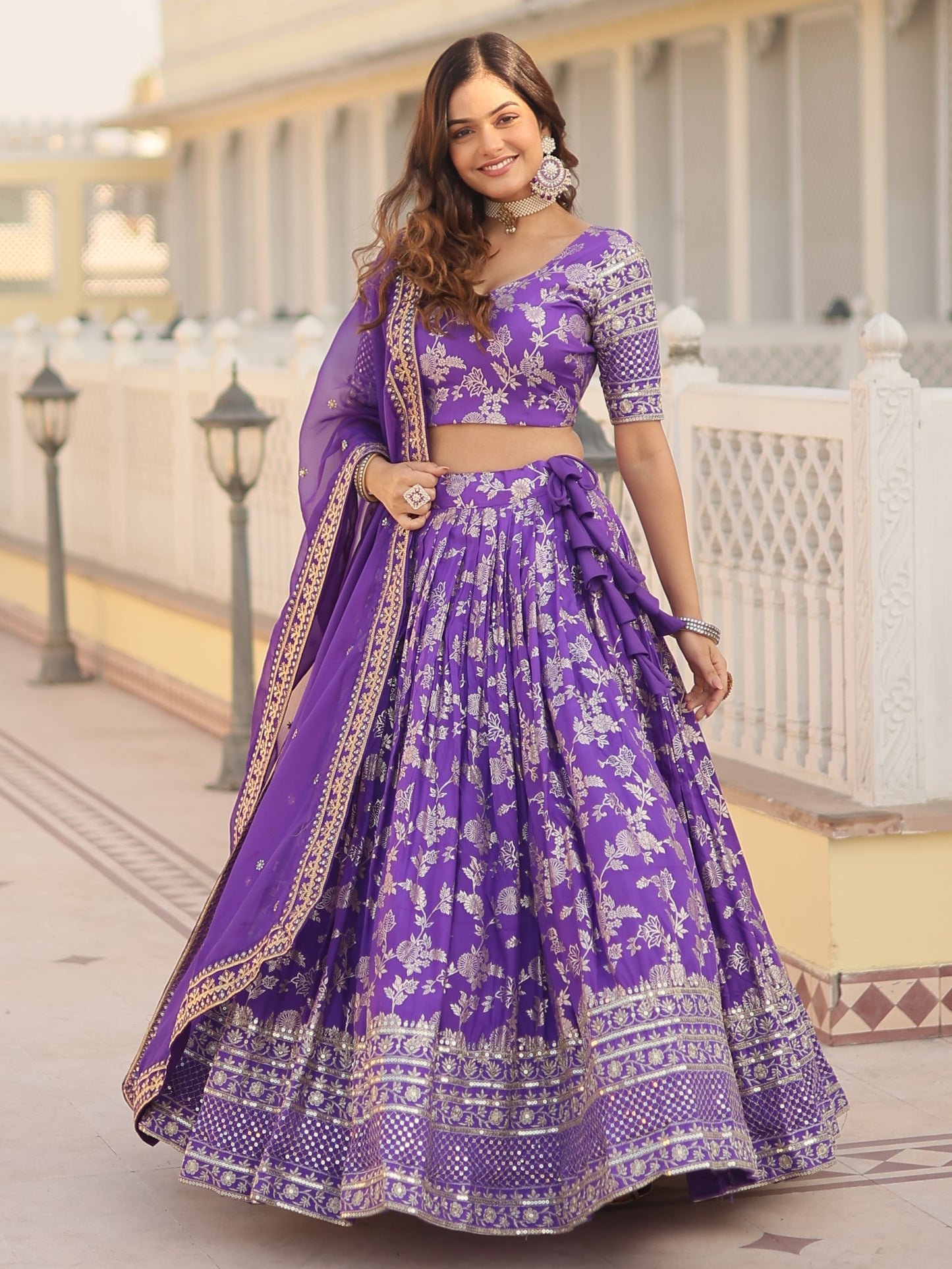 Mesmerizing Purple Embroidered Jacquard Bridesmaid Lehenga Choli