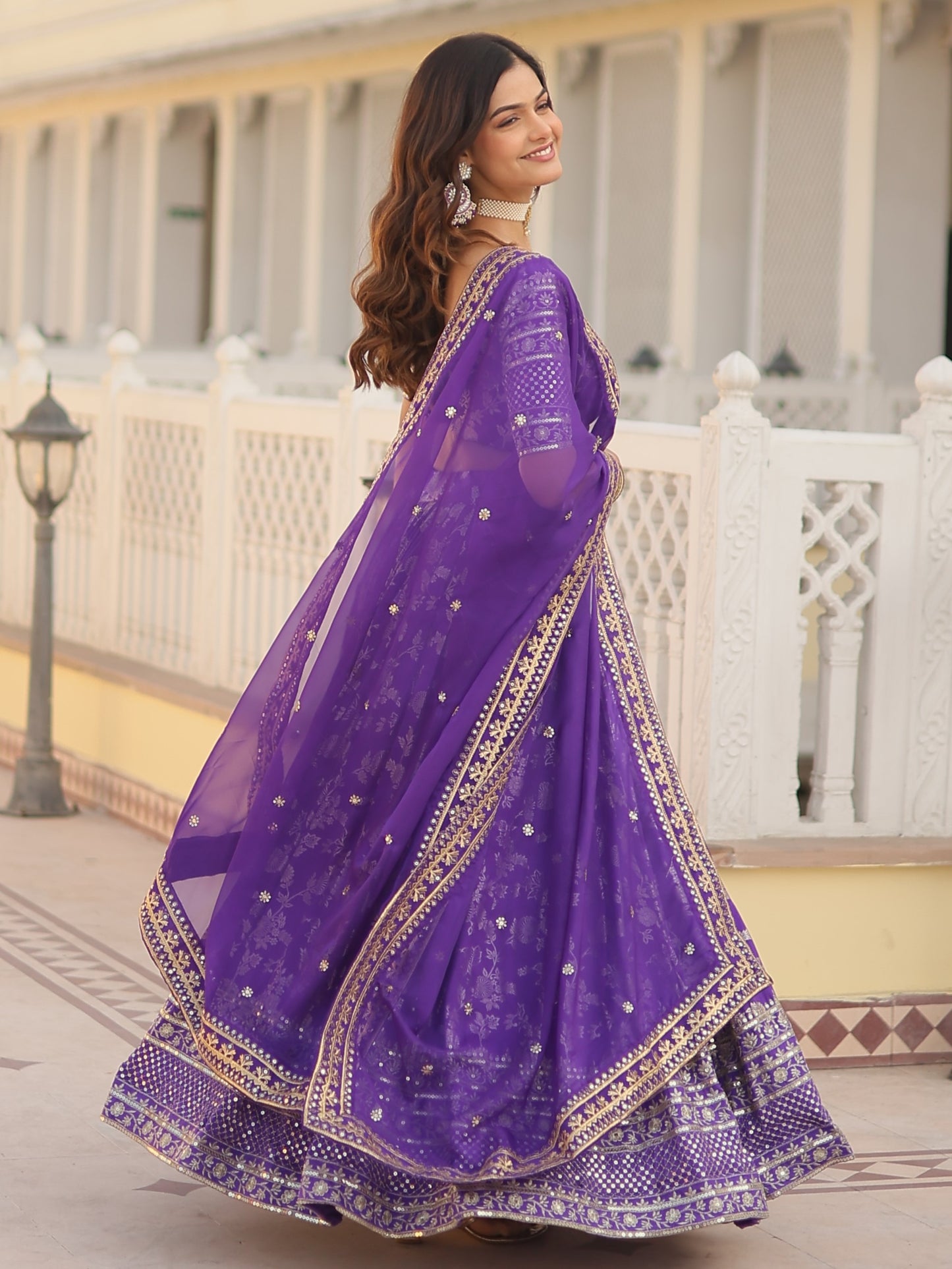 Mesmerizing Purple Embroidered Jacquard Bridesmaid Lehenga Choli