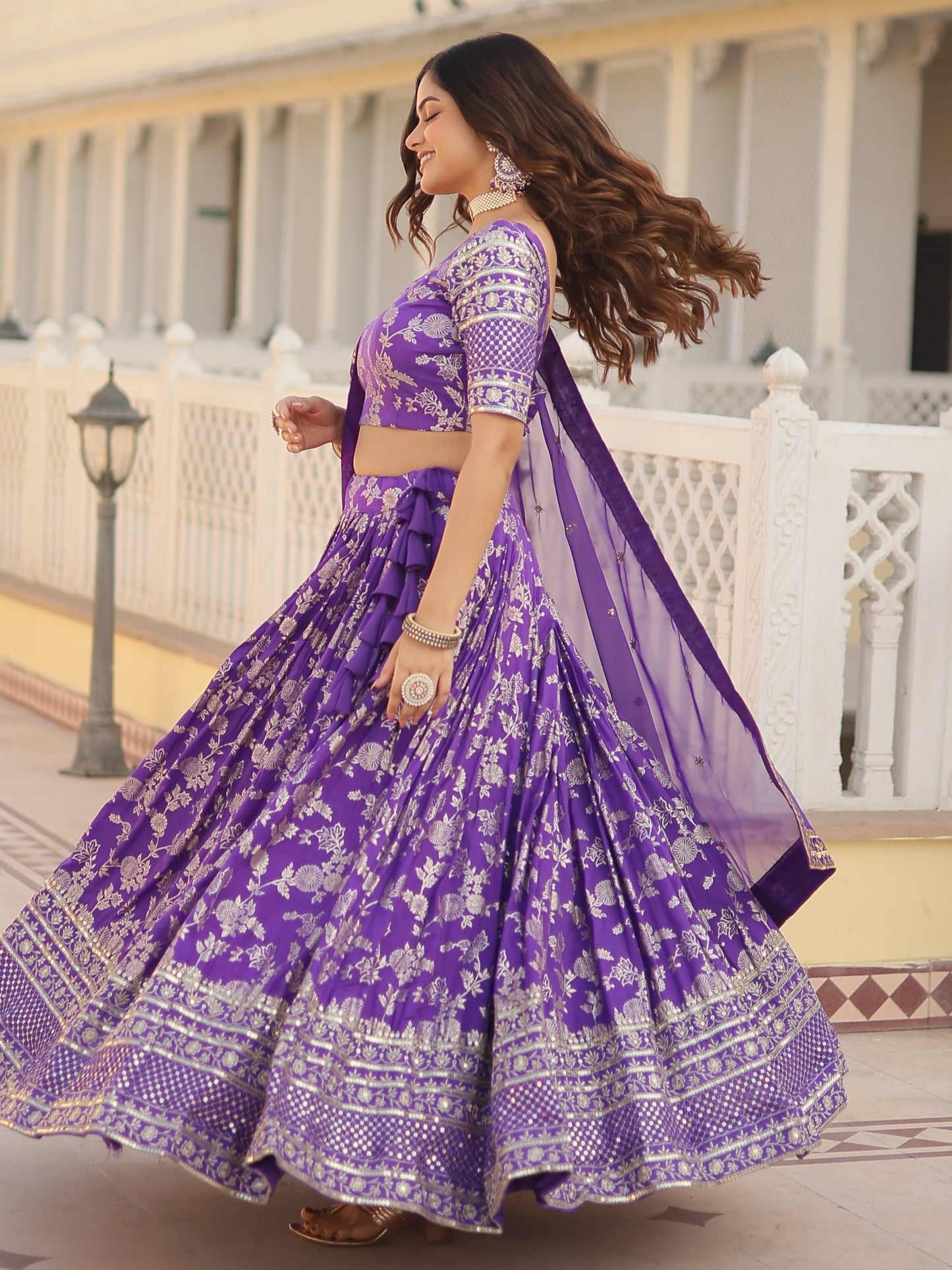 Mesmerizing Purple Embroidered Jacquard Bridesmaid Lehenga Choli