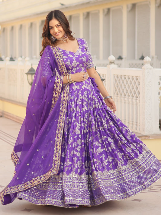 Mesmerizing Purple Embroidered Jacquard Bridesmaid Lehenga Choli