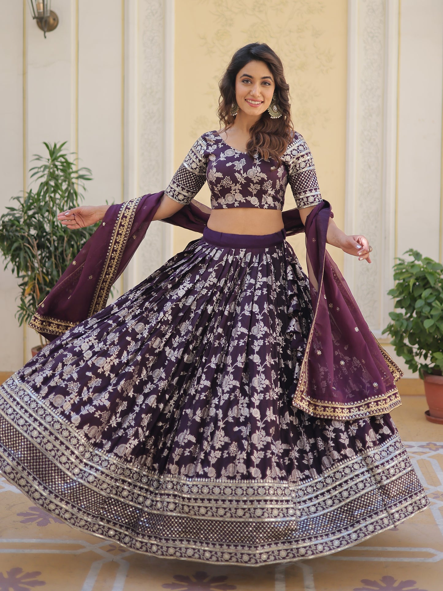 Fascinating Wine Zari Work Jacquard Sangeet Lehenga Choli