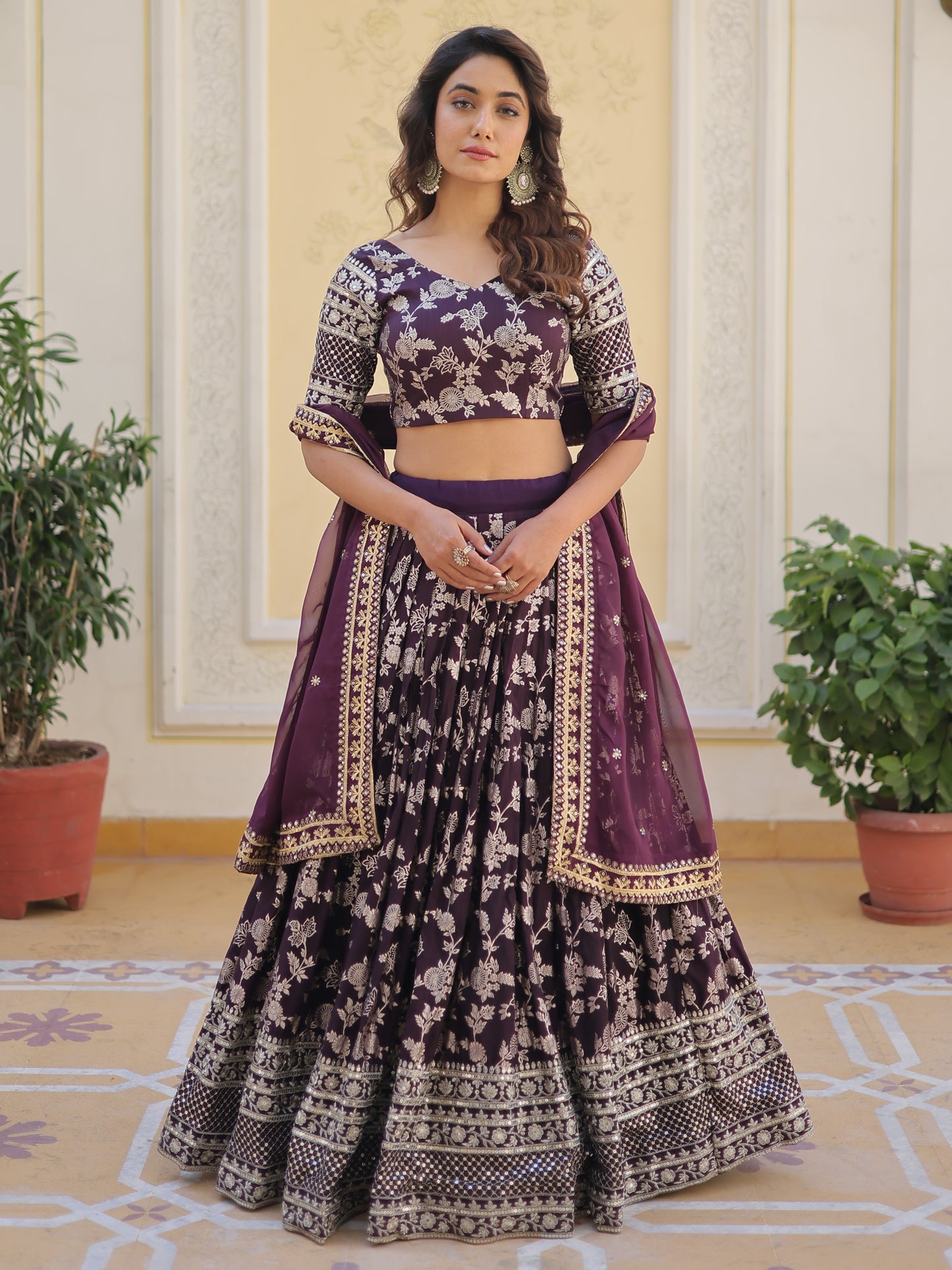 Fascinating Wine Zari Work Jacquard Sangeet Lehenga Choli