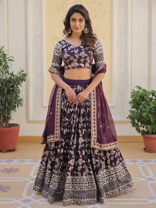 Fascinating Wine Zari Work Jacquard Sangeet Lehenga Choli