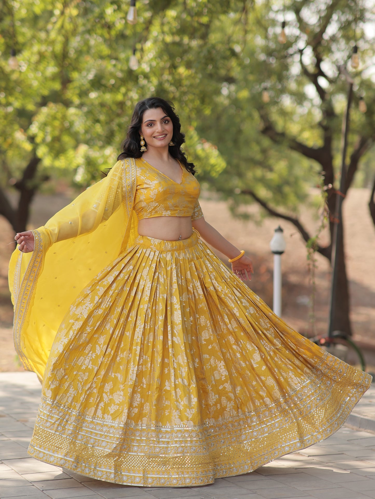 Tantalizing Yellow Zari Work Jacquard Haldi Wear Lehenga Choli
