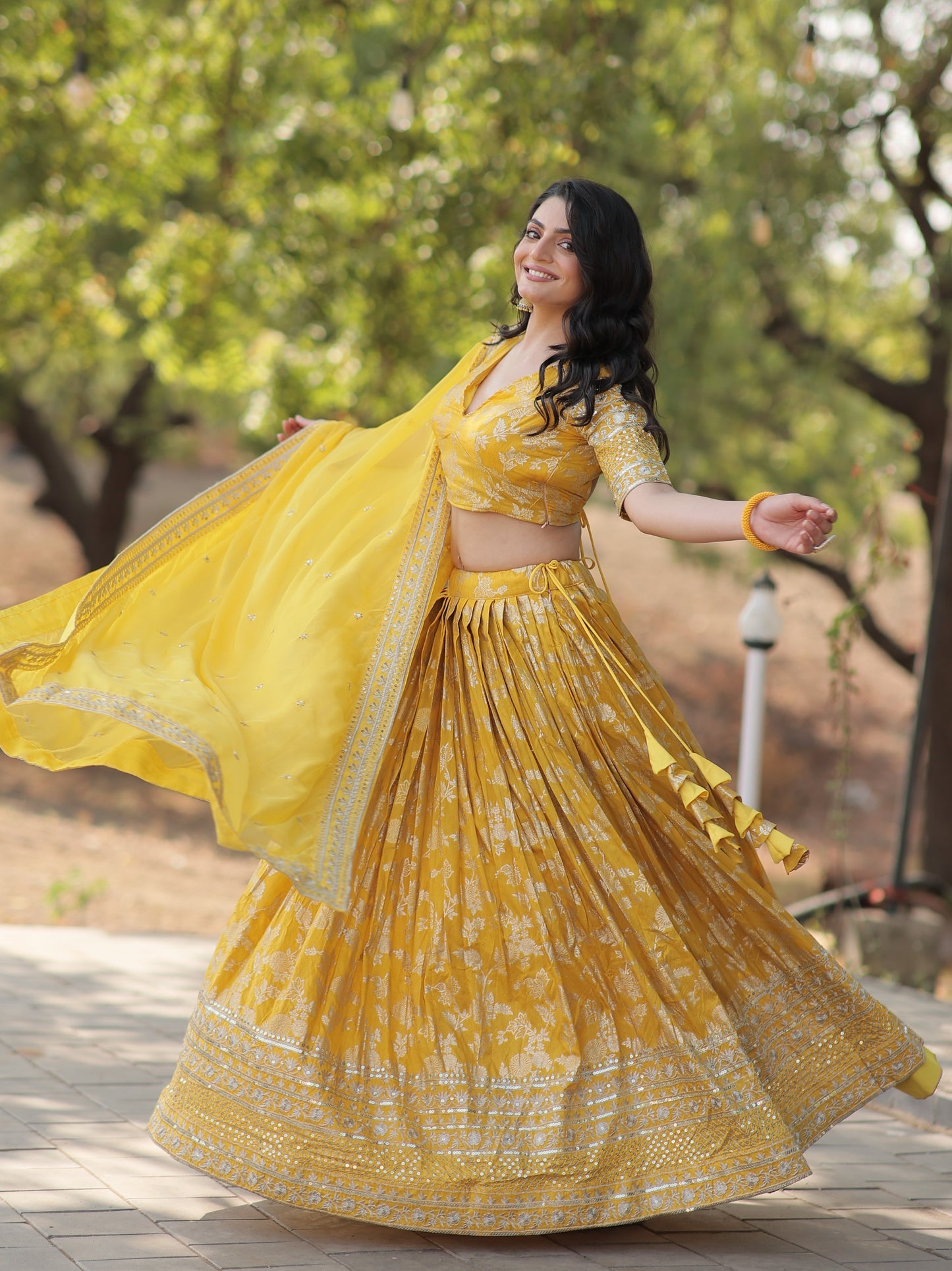 Tantalizing Yellow Zari Work Jacquard Haldi Wear Lehenga Choli