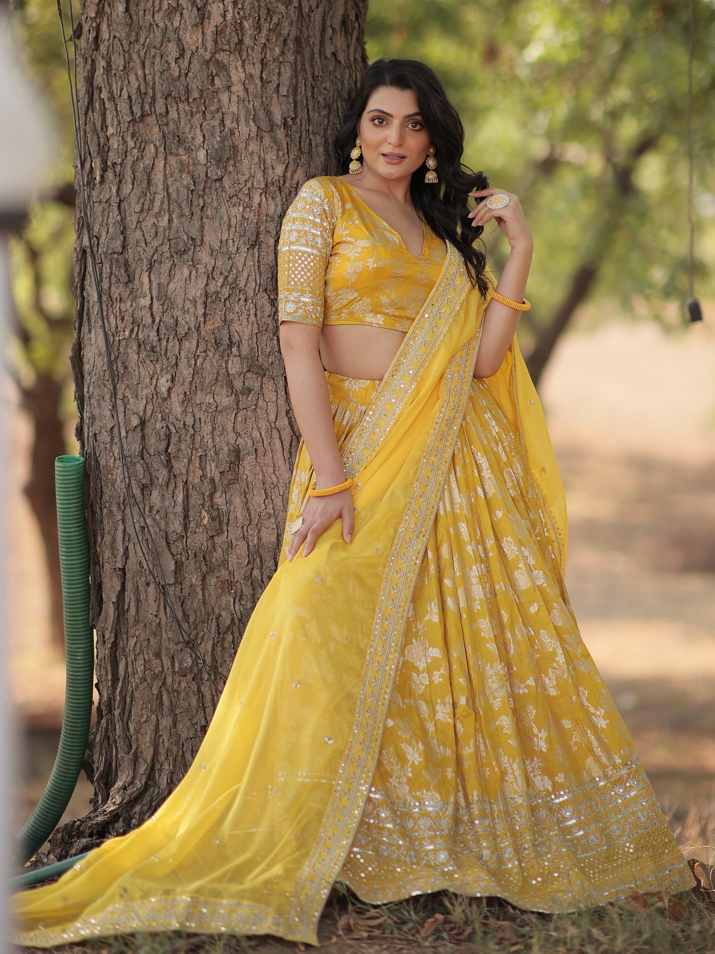 Tantalizing Yellow Zari Work Jacquard Haldi Wear Lehenga Choli