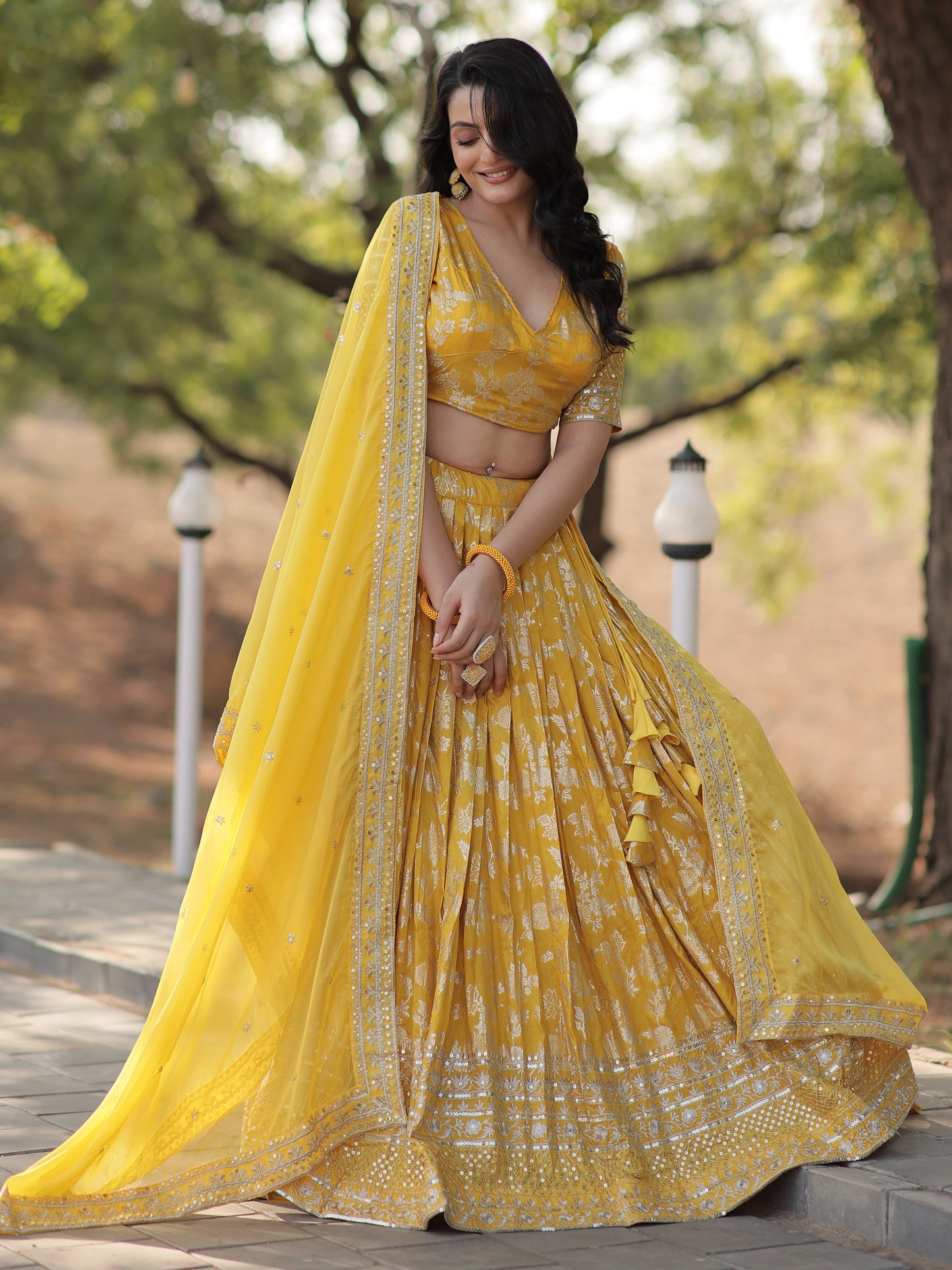 Tantalizing Yellow Zari Work Jacquard Haldi Wear Lehenga Choli