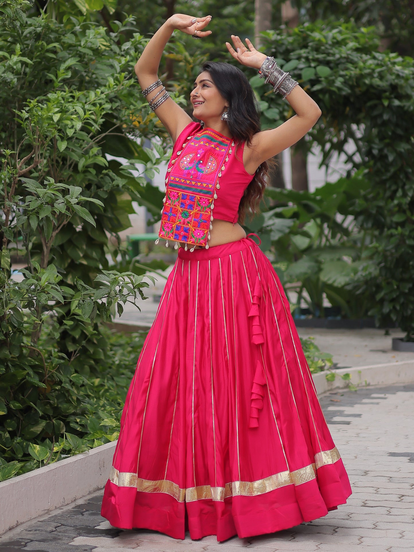 Spectacular Pink Gota Patti Work Silk Navratri Crop Top Lehenga