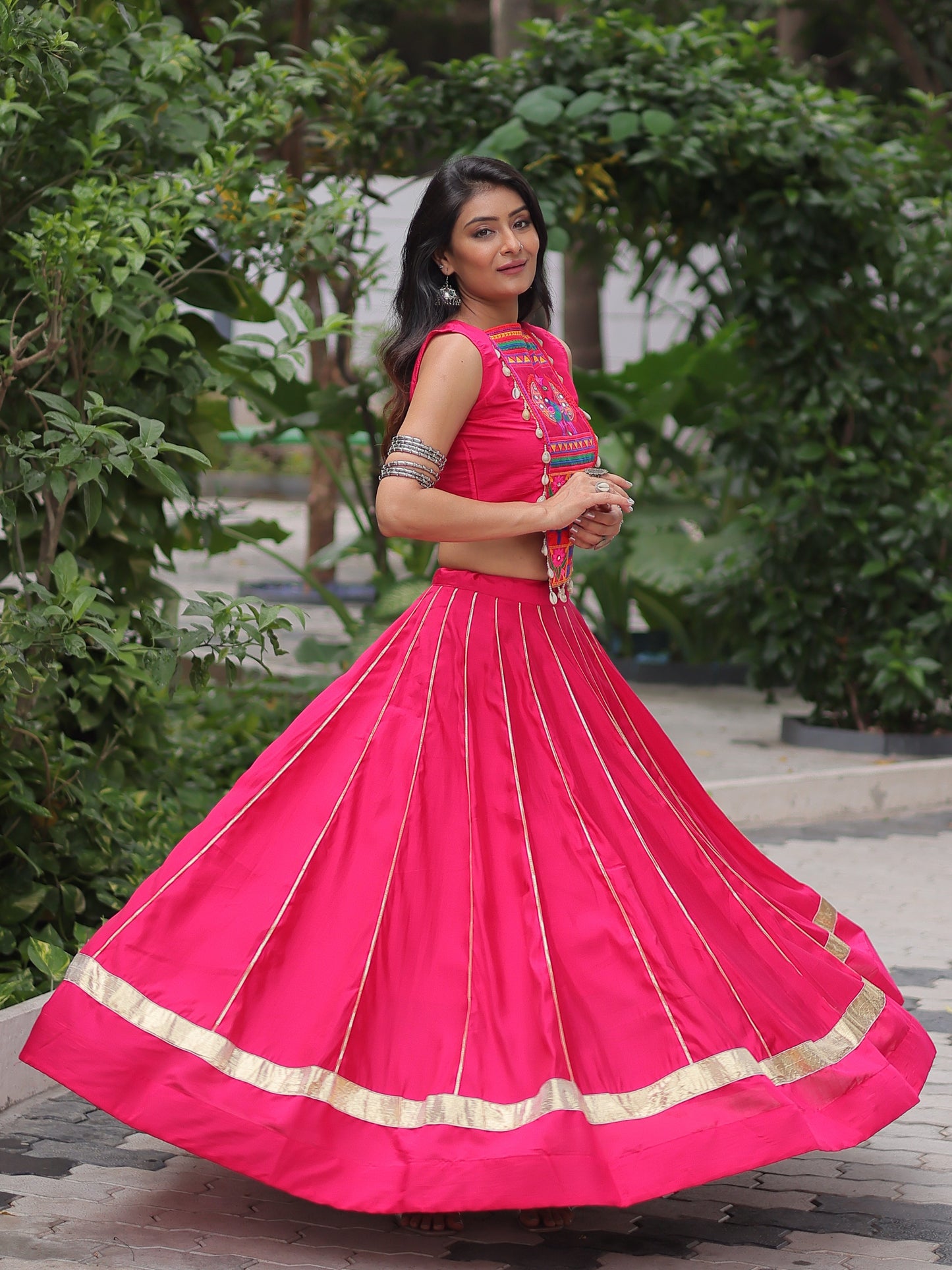 Spectacular Pink Gota Patti Work Silk Navratri Crop Top Lehenga