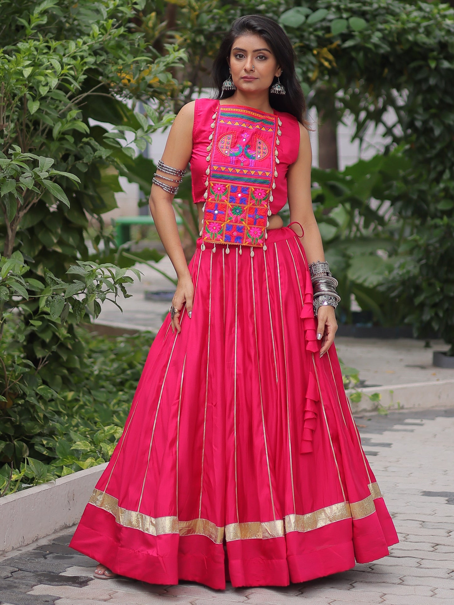 Spectacular Pink Gota Patti Work Silk Navratri Crop Top Lehenga