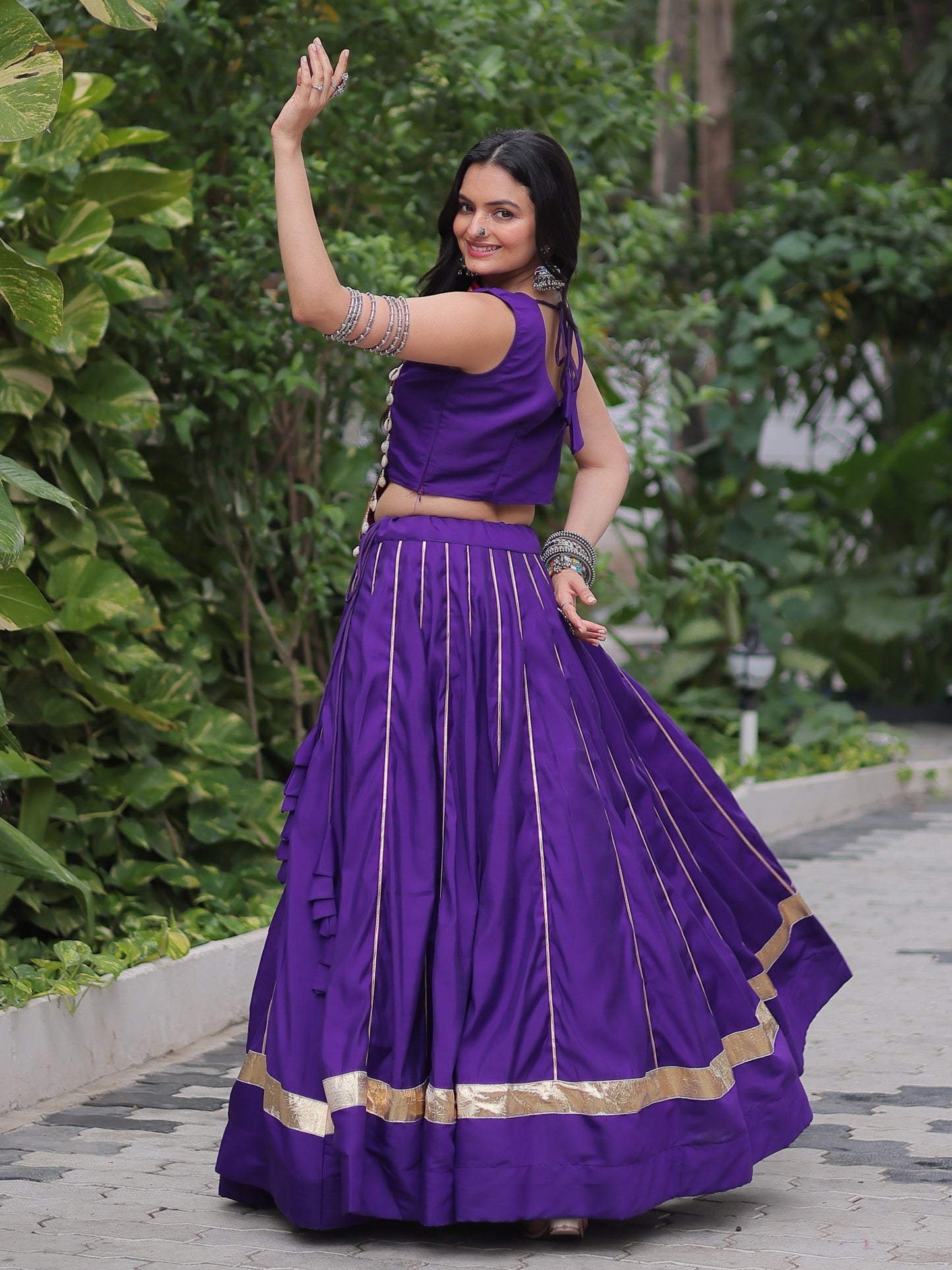 Gorgeous Purple Gota Patti Work Silk Navratri Crop Top Lehenga