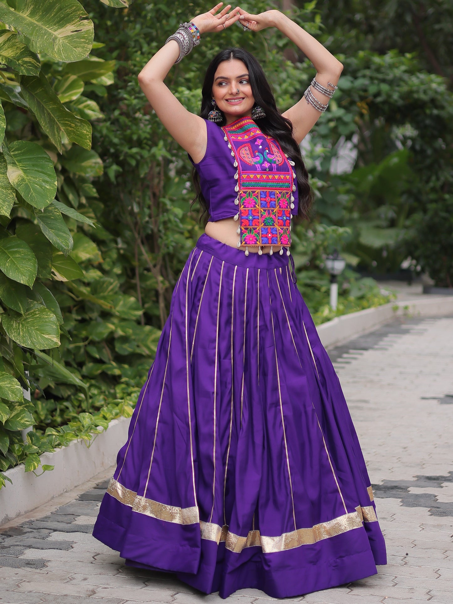 Gorgeous Purple Gota Patti Work Silk Navratri Crop Top Lehenga