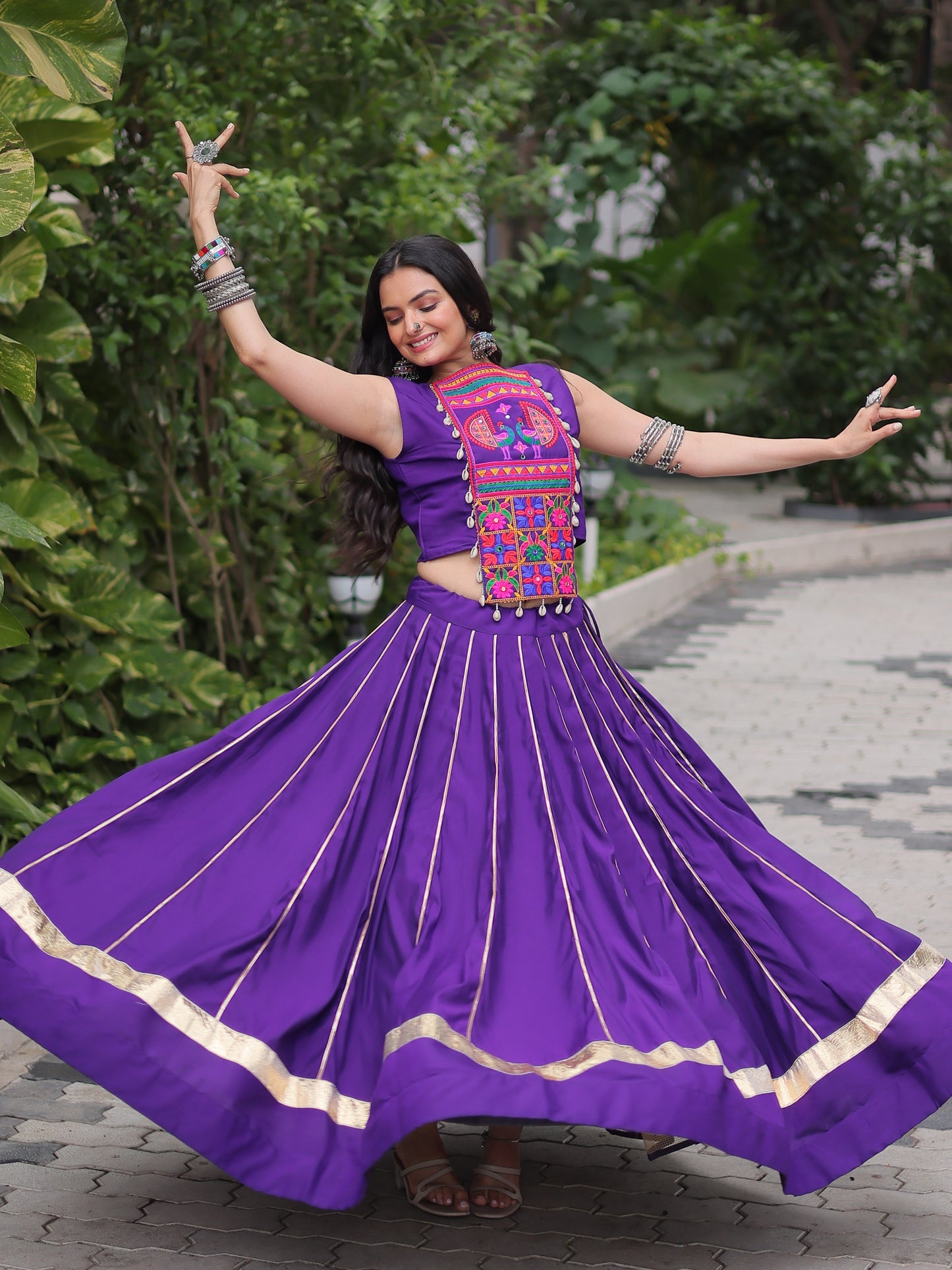 Gorgeous Purple Gota Patti Work Silk Navratri Crop Top Lehenga