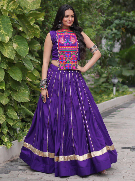 Gorgeous Purple Gota Patti Work Silk Navratri Crop Top Lehenga