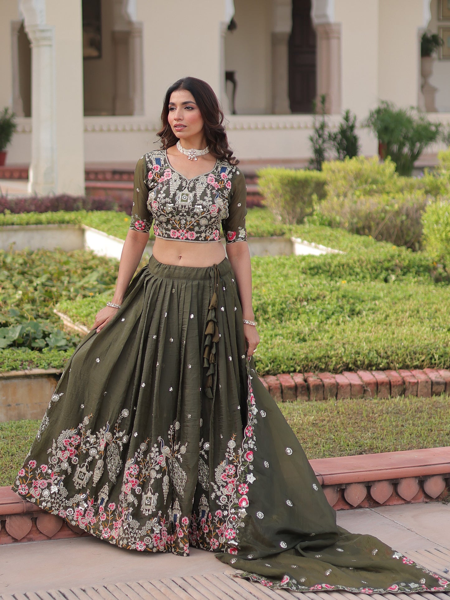 Fabulous Green Embroidered Silk Designer Lehenga Choli