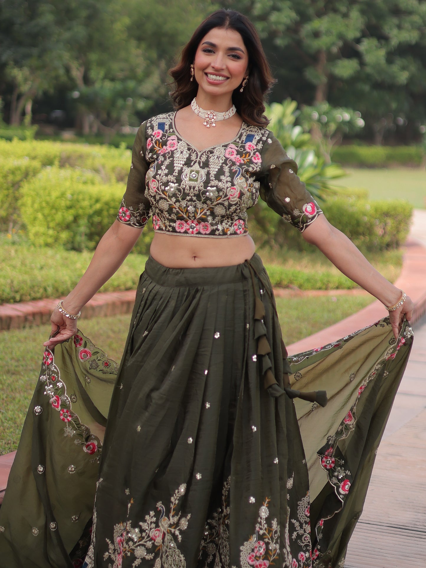 Fabulous Green Embroidered Silk Designer Lehenga Choli