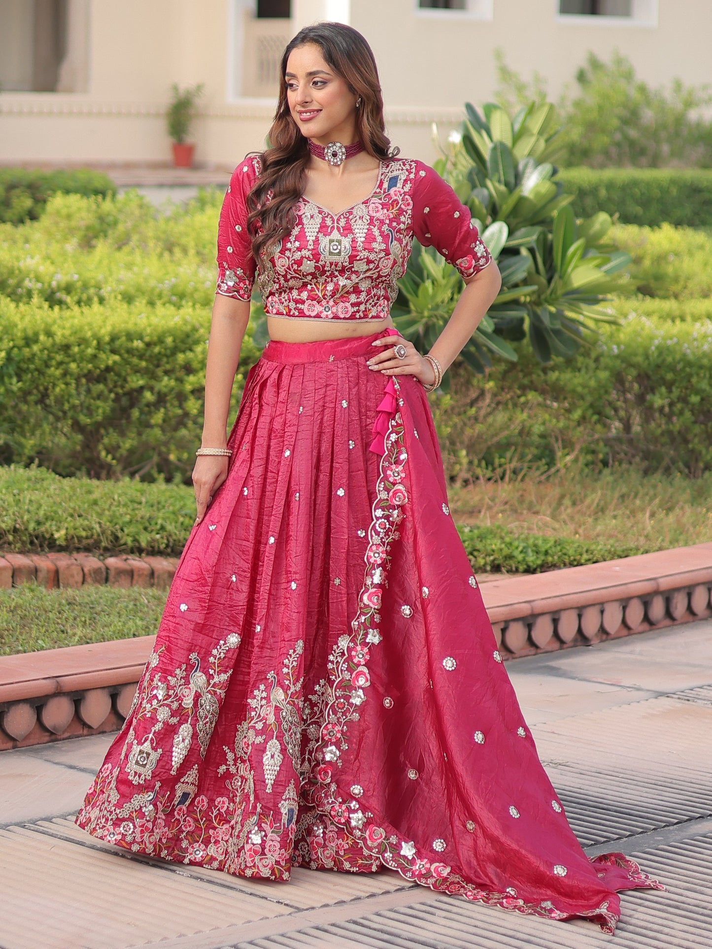 Astonishing pink Embroidered Silk Wedding Wear Lehenga Choli