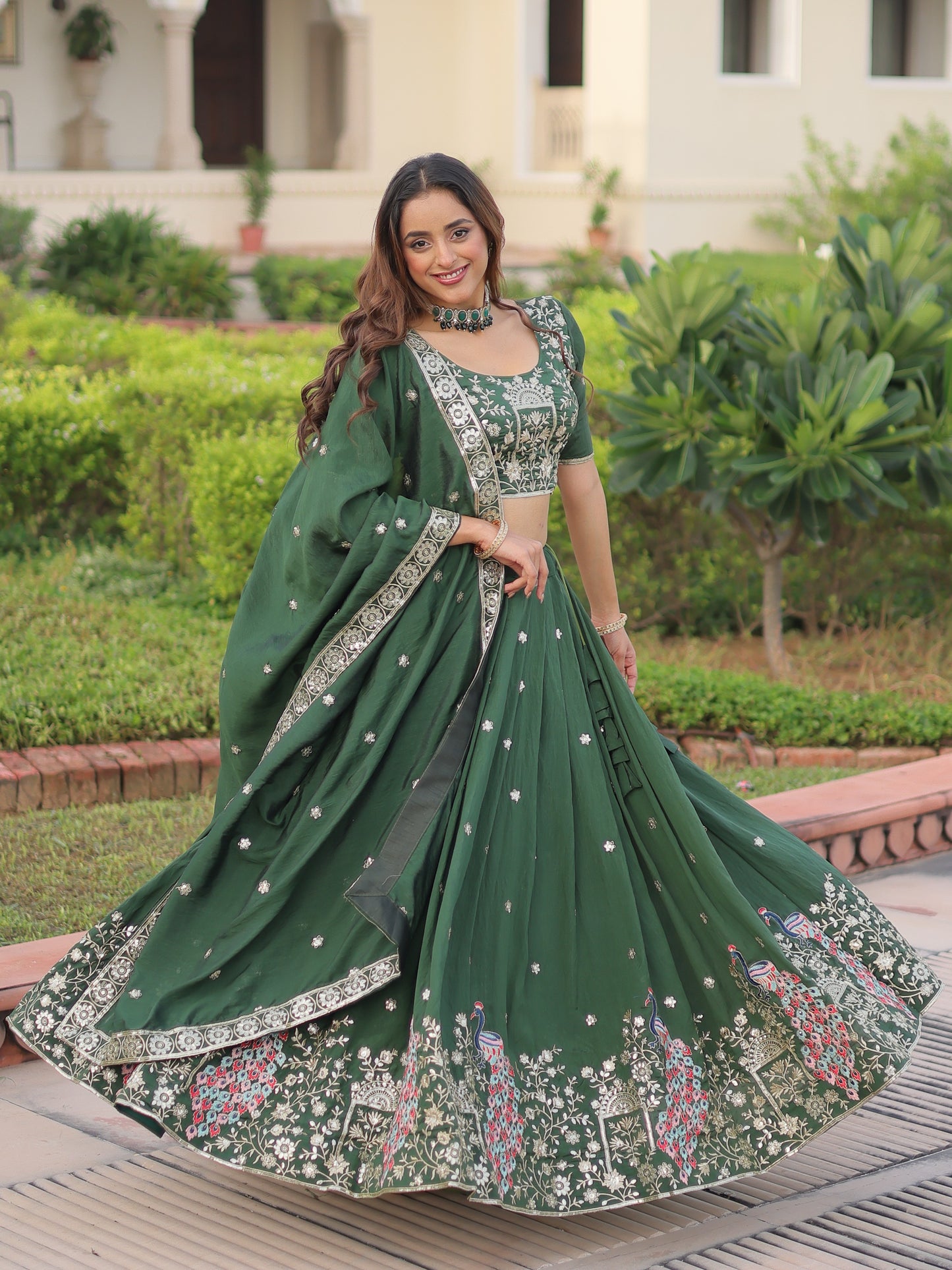 Charming Green Embroidered Silk Mehndi Wear Lehenga Choli
