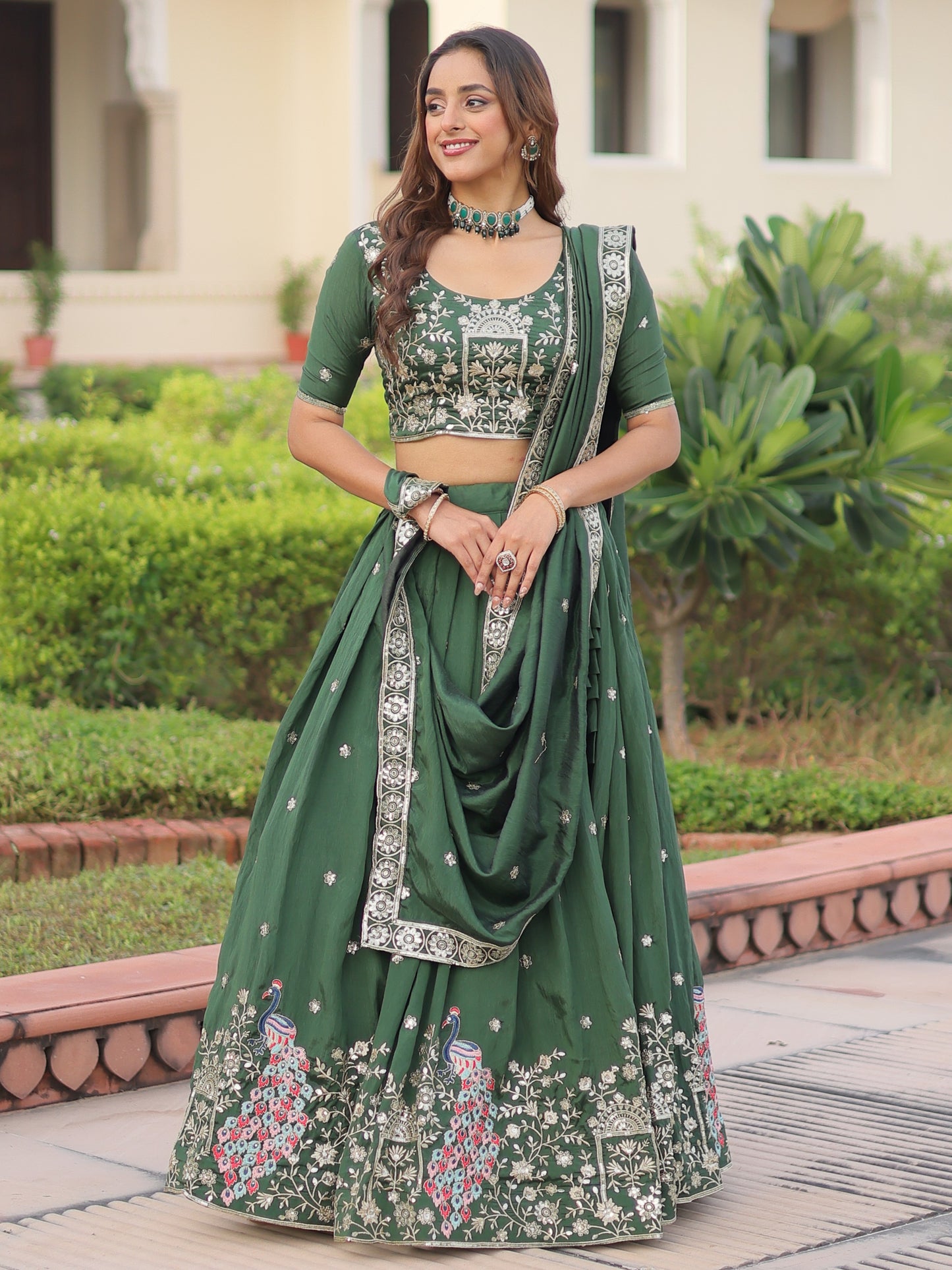 Charming Green Embroidered Silk Mehndi Wear Lehenga Choli
