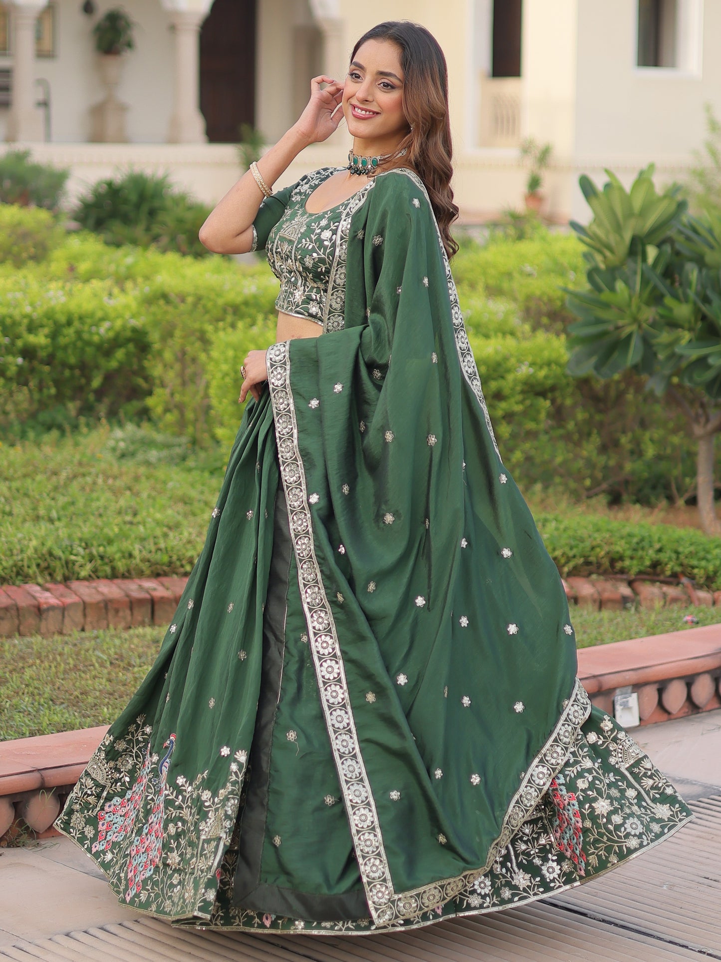 Charming Green Embroidered Silk Mehndi Wear Lehenga Choli