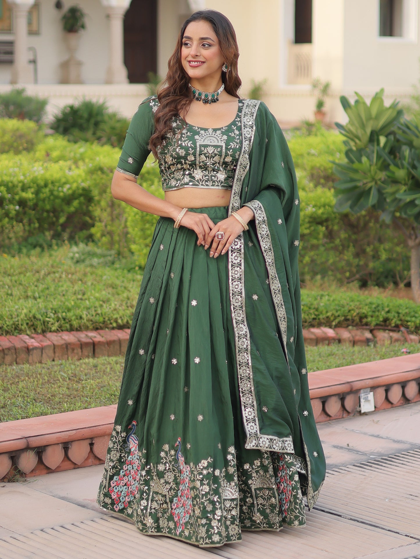 Charming Green Embroidered Silk Mehndi Wear Lehenga Choli