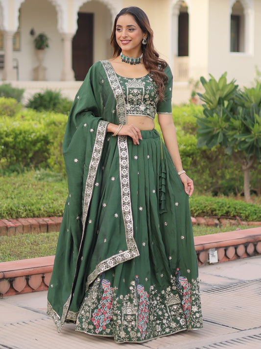 Charming Green Embroidered Silk Mehndi Wear Lehenga Choli