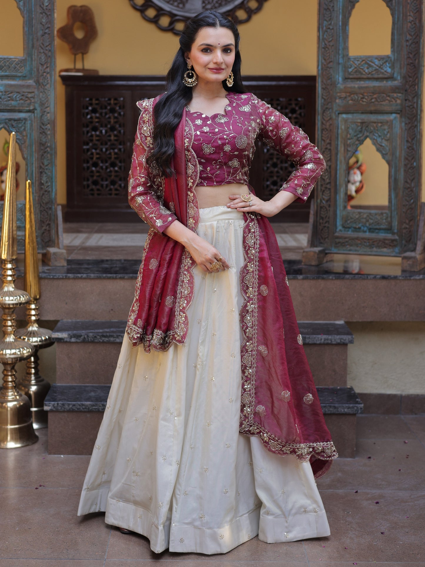 Beautiful Magenta Embroidered Silk Wedding Lehenga Choli
