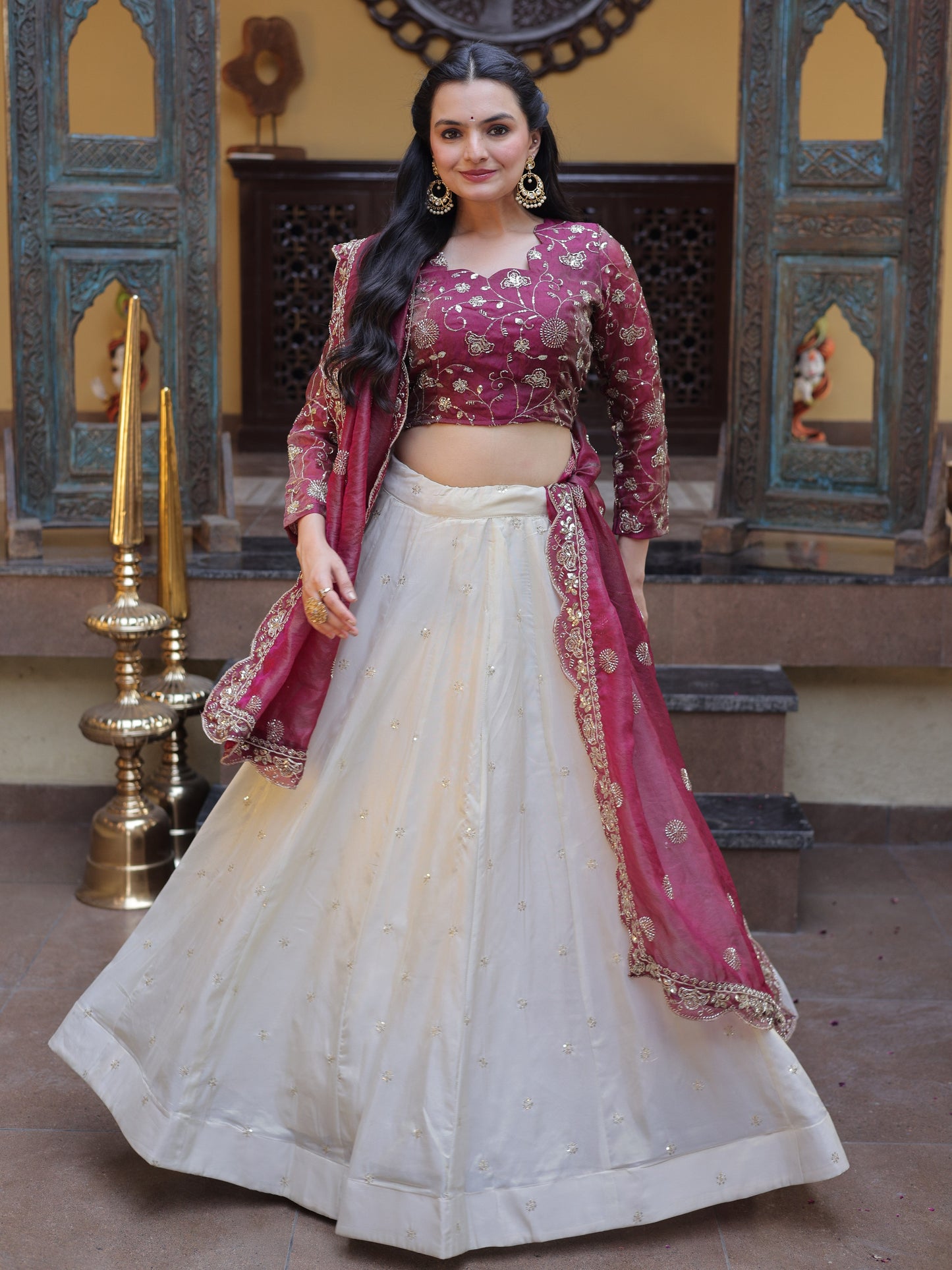 Beautiful Magenta Embroidered Silk Wedding Lehenga Choli