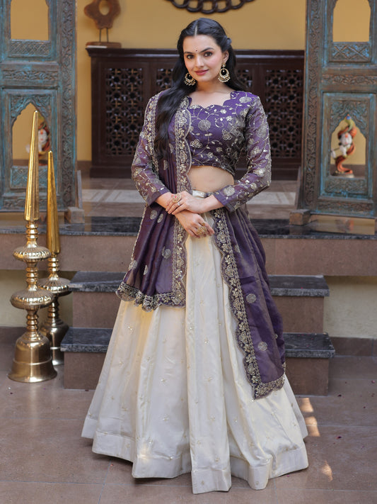 Lavishing Purple Zari Work Silk Reception Lehenga Choli