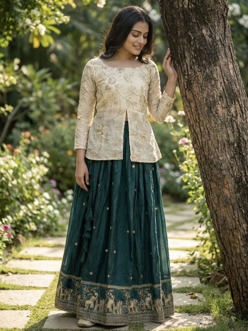 Green Embroidered Silk Sangeet Wear Crop Top Lehenga