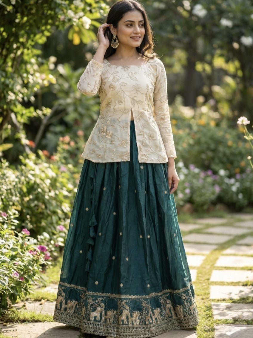 Green Embroidered Silk Sangeet Wear Crop Top Lehenga