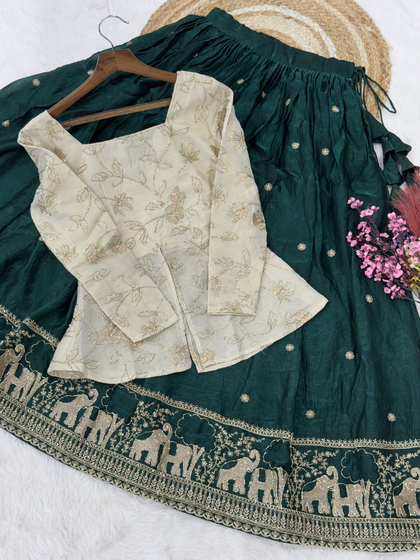 Green Embroidered Silk Sangeet Wear Crop Top Lehenga