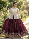 Wine Embroidered Silk Festival Wear Crop Top Lehenga