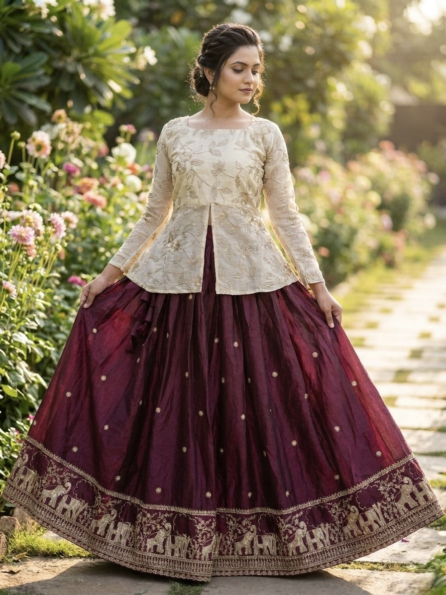 Wine Embroidered Silk Festival Wear Crop Top Lehenga