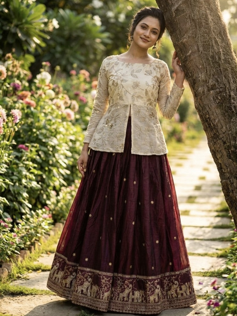 Wine Embroidered Silk Festival Wear Crop Top Lehenga