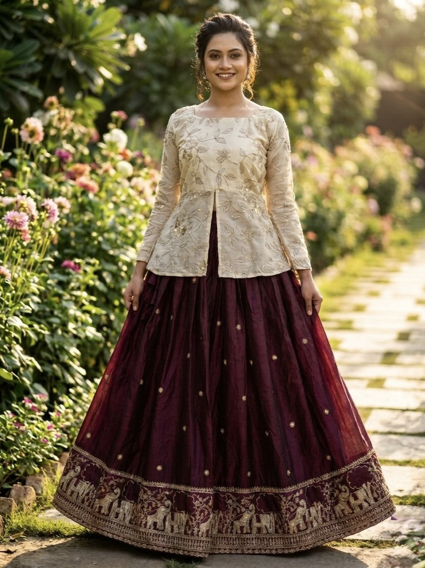 Wine Embroidered Silk Festival Wear Crop Top Lehenga