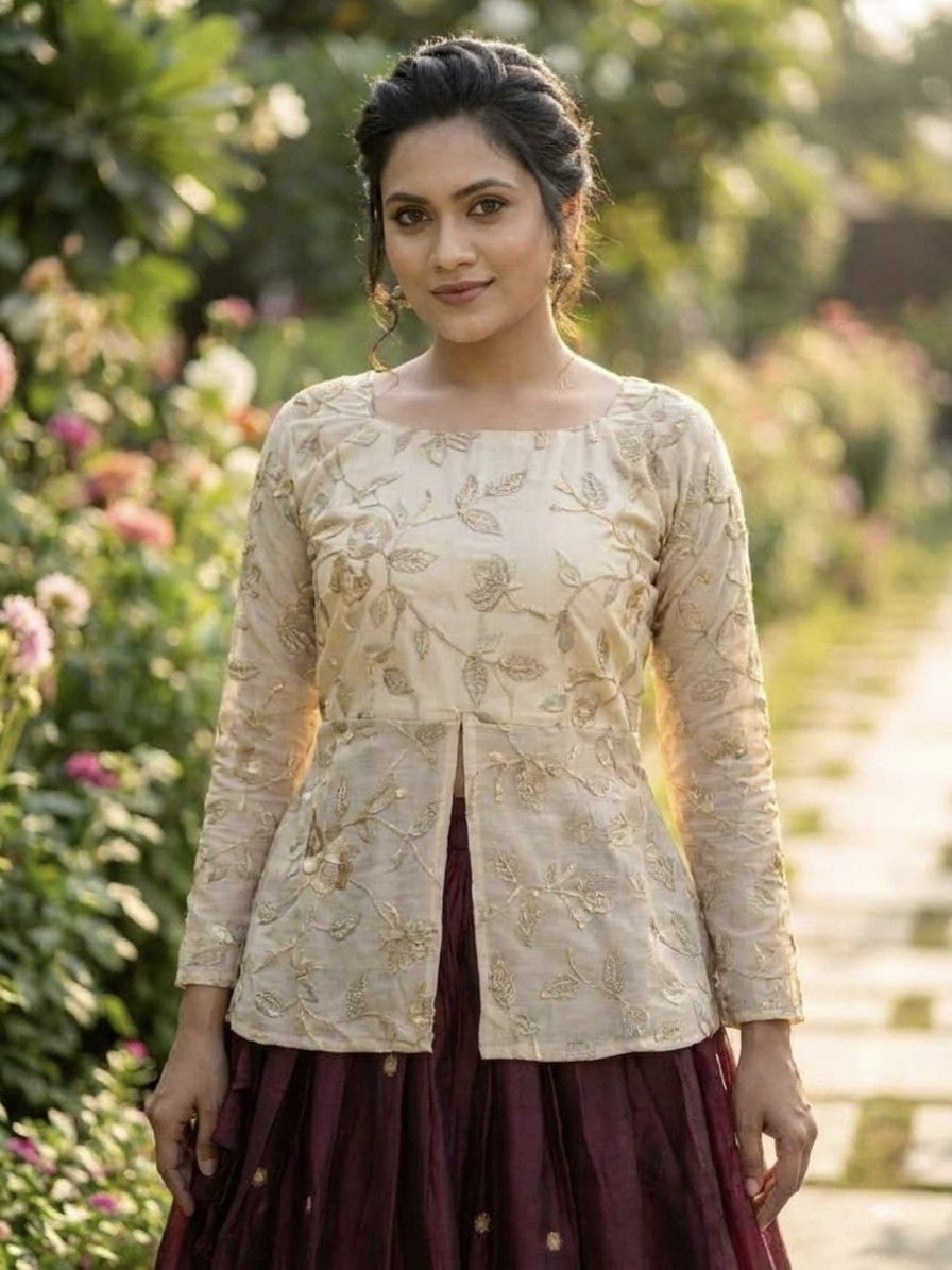 Wine Embroidered Silk Festival Wear Crop Top Lehenga