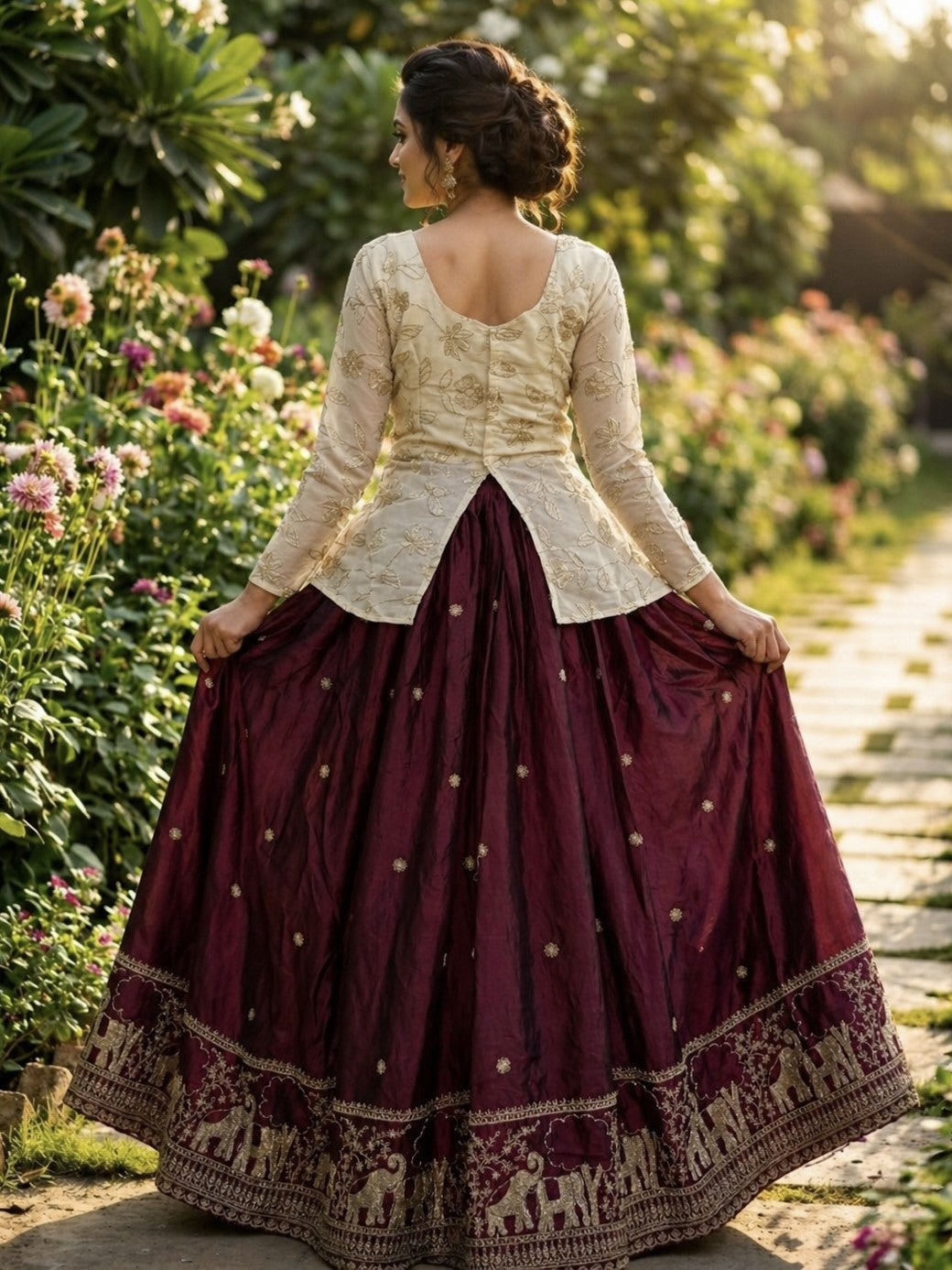 Wine Embroidered Silk Festival Wear Crop Top Lehenga