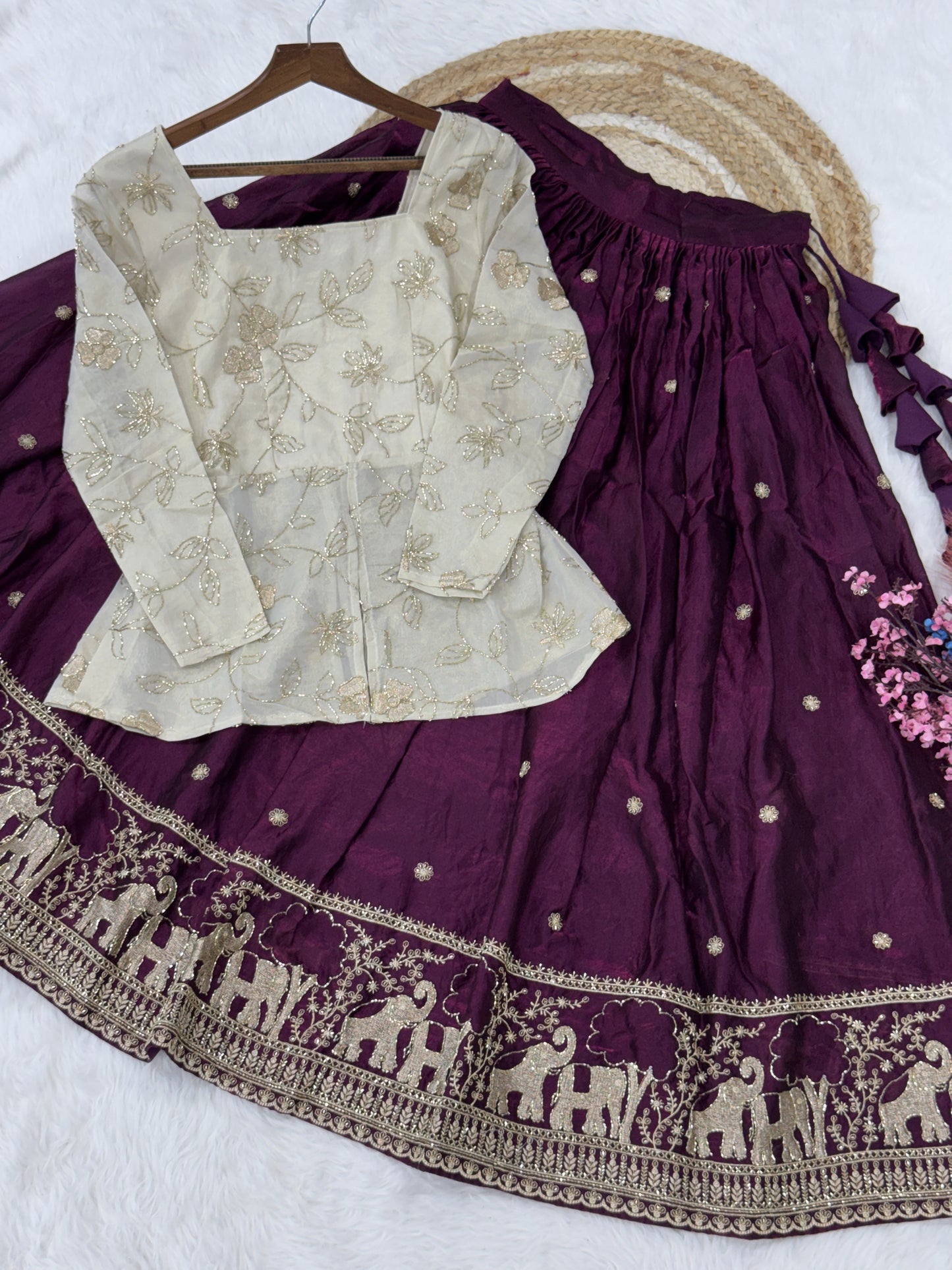 Wine Embroidered Silk Festival Wear Crop Top Lehenga