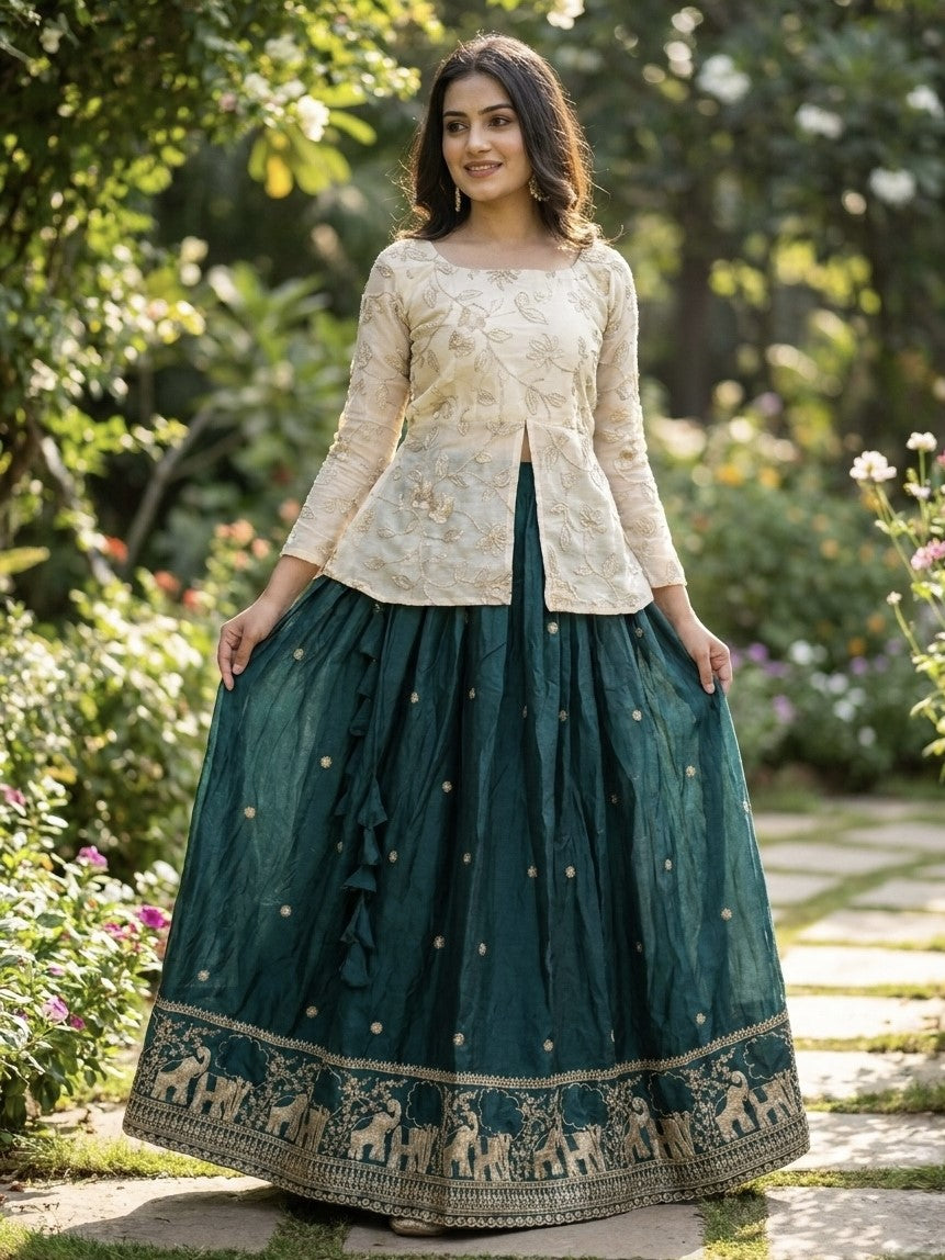 Green Embroidered Silk Sangeet Wear Crop Top Lehenga