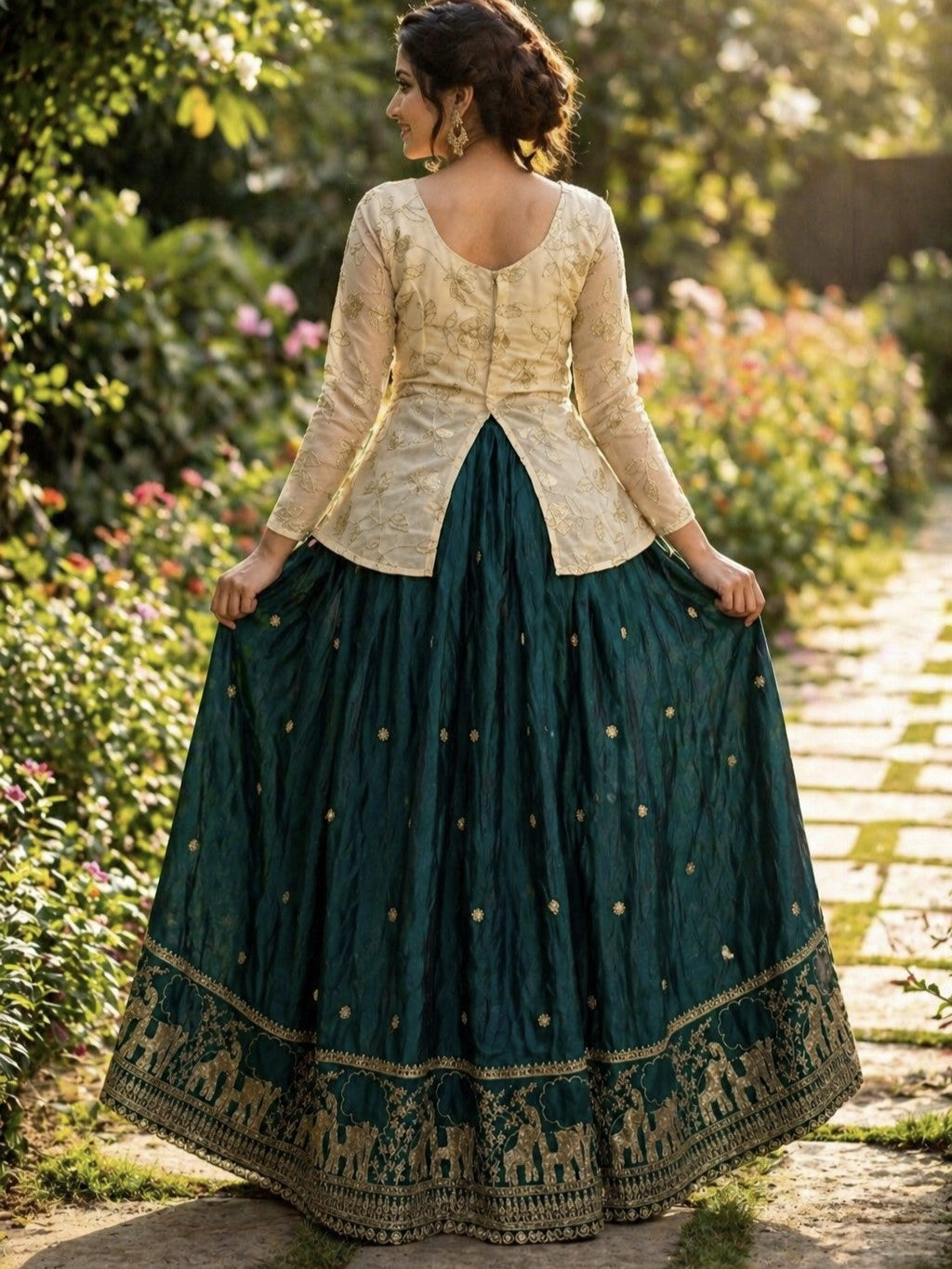 Green Embroidered Silk Sangeet Wear Crop Top Lehenga