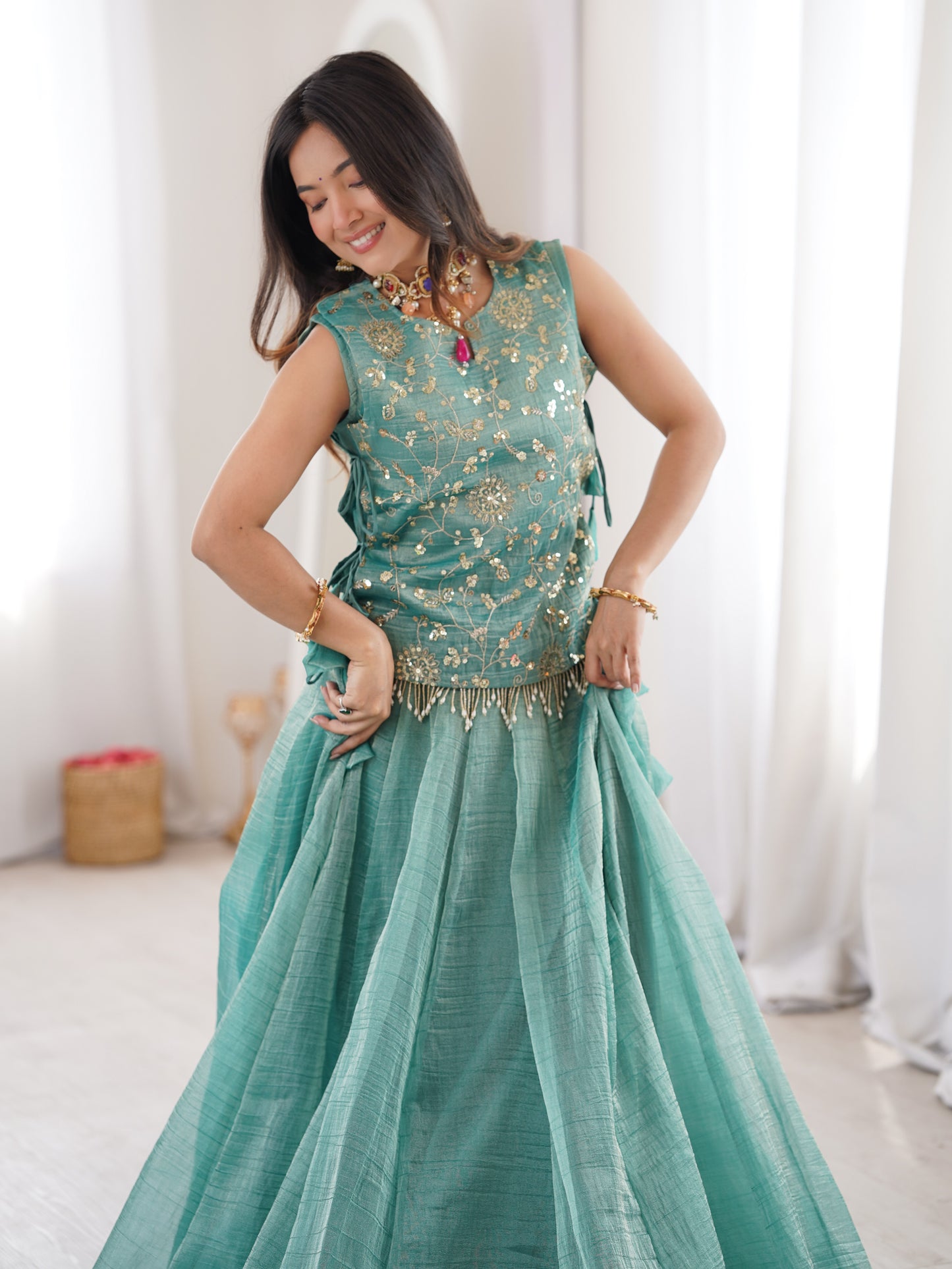Sky Blue Embroidered Crush Silk Sangeet Crop Top Lehenga