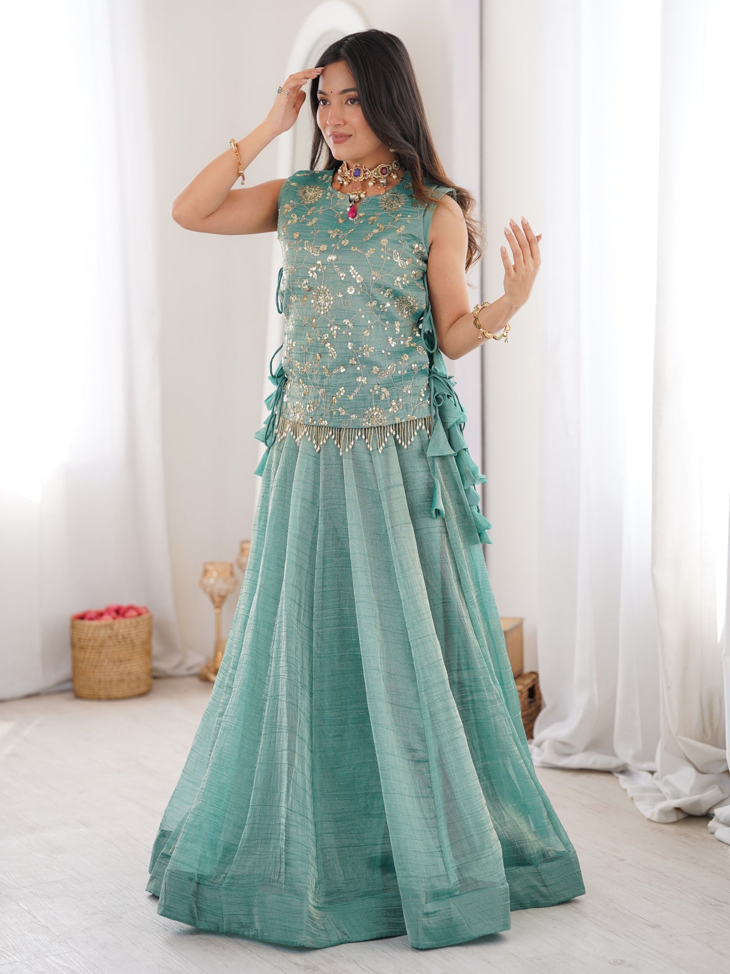 Sky Blue Embroidered Crush Silk Sangeet Crop Top Lehenga